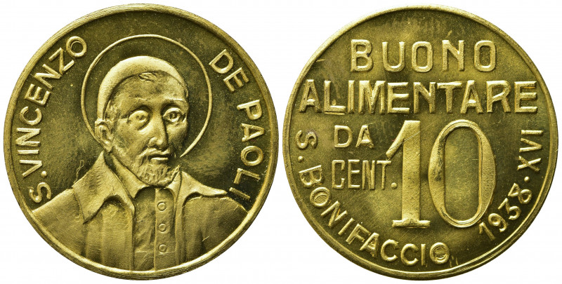 S.BONIFACIO. gettone buono alimentare da 10 centesimi 1938. AE dorato (2,52 g) S...