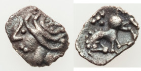 CENTRAL EUROPE. Vindelici. 2nd-1st centuries BC. AR quarter-quinarius (10mm, 0.38 gm, 3h). XF. "Manching II" type. Celticized male head left with spik...