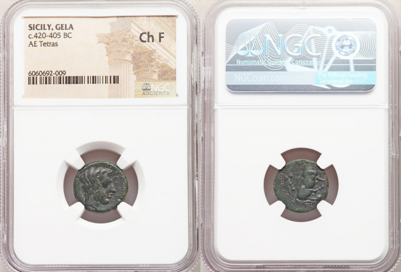 SICILY. Gela. Ca. 420-405 BC. AE tetras (16mm, 9h). NGC Choice Fine. ΓΕΛΑΣ, head...