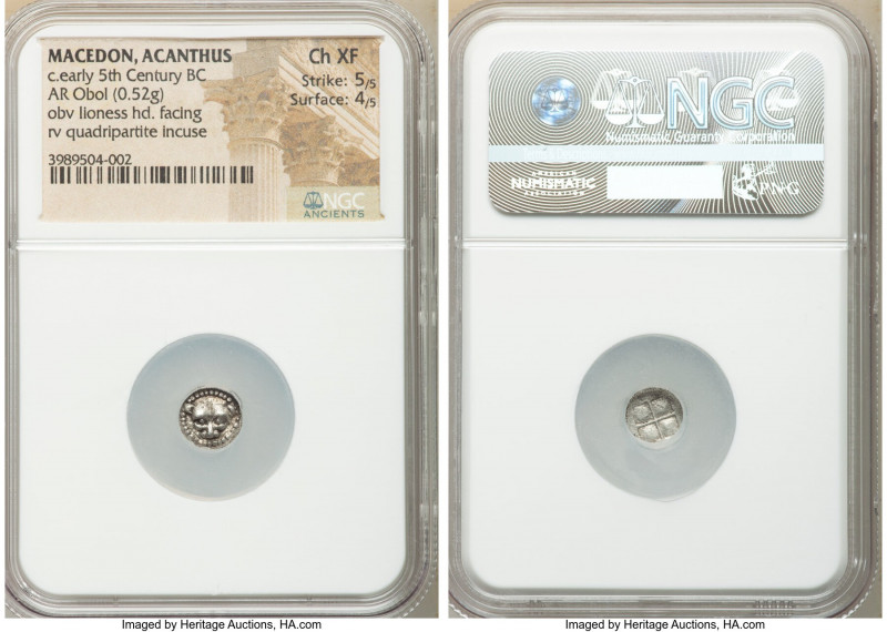 MACEDON. Acanthus. Ca. early 5th Century BC. AR obol (9mm, 0.52 gm). NGC Choice ...