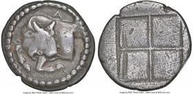 MACEDON. Acanthus. Ca. 5th-4th centuries BC. AR tetrobol (15mm). NGC VF. Forepart of bull facing left, head reverted, A above; dotted border / Shallow...