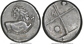 THRACE. Chersonesus. Ca. 4th century BC. AR hemidrachm (12mm). NGC AU. Persic standard, ca. 480-350 BC. Forepart of lion right, head reverted / Quadri...