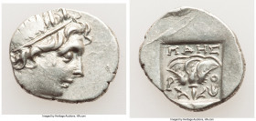 CARIAN ISLANDS. Rhodes. Ca. 88-84 BC. AR drachm (15mm, 2.11 gm, 11h). XF. Plinthophoric standard, Maes, magistrate. Radiate head of Helios right / MAH...