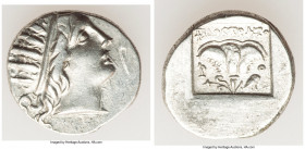 CARIAN ISLANDS. Rhodes. Ca. 88-84 BC. AR drachm (15mm, 2.62 gm, 1h). Choice VF. Plinthophoric standard, Philostratus, magistrate. Radiate head of Heli...