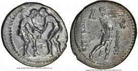 PAMPHYLIA. Aspendus. Ca. 325-250 BC. AR stater (23mm, 1h). NGC VF, brushed. Two wrestlers grappling, ΠO between, all in dotted circle / EΣTFEΔIIY, sli...