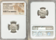 Anonymous. Ca. 211-208 BC. AR victoriatus (17mm, 3.39 gm, 3h). NGC Choice MS 4/5 - 5/5. Rome. Laureate head of Jupiter right; dotted border / ROMA, Vi...