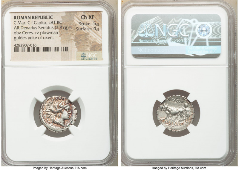 C. Marius C.f. Capito (ca. 81 BC) AR serratus denarius (20mm, 3.97 gm, 10h). NGC...