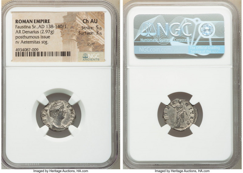 Diva Faustina Senior (AD 138-140/1). AR denarius (17mm, 2.97 gm, 12h). NGC Choic...