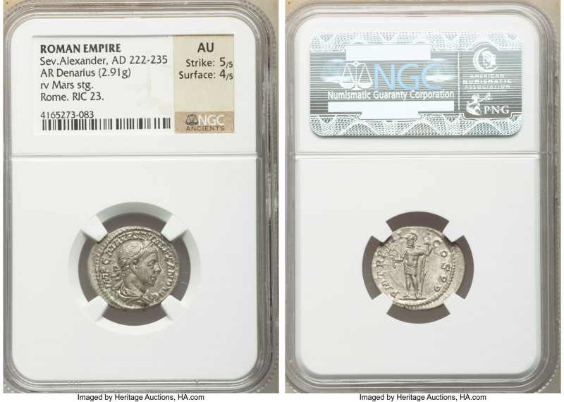 Severus Alexander (AD 222-235). AR denarius (20mm, 2.91 gm, 12h). NGC AU 5/5 - 4...