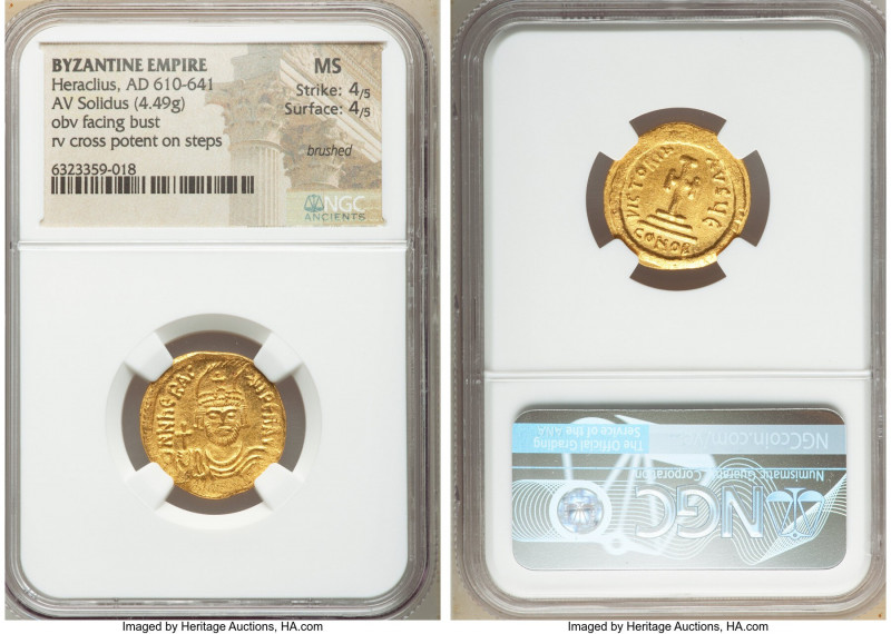 Heraclius (AD 610-641). AV solidus (20mm, 4.49 gm, 7h). NGC MS 4/5 - 4/5, brushe...