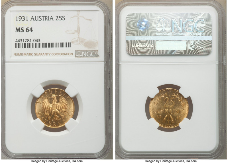 Republic gold 25 Schilling 1931 MS64 NGC, Vienna mint, KM2841. A rose-gold offer...