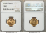 Republic gold 25 Schilling 1931 MS64 NGC, Vienna mint, KM2841. A rose-gold offering in near gem Prooflike condition. 

HID09801242017

© 2022 Heri...