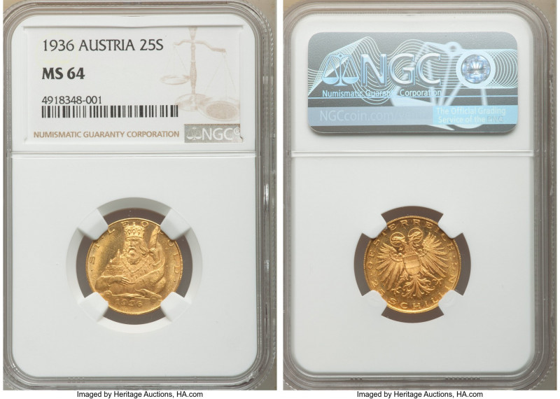 Republic gold 25 Schilling 1936 MS64 NGC, Vienna mint, KM2856. Mintage: 7,260. ...