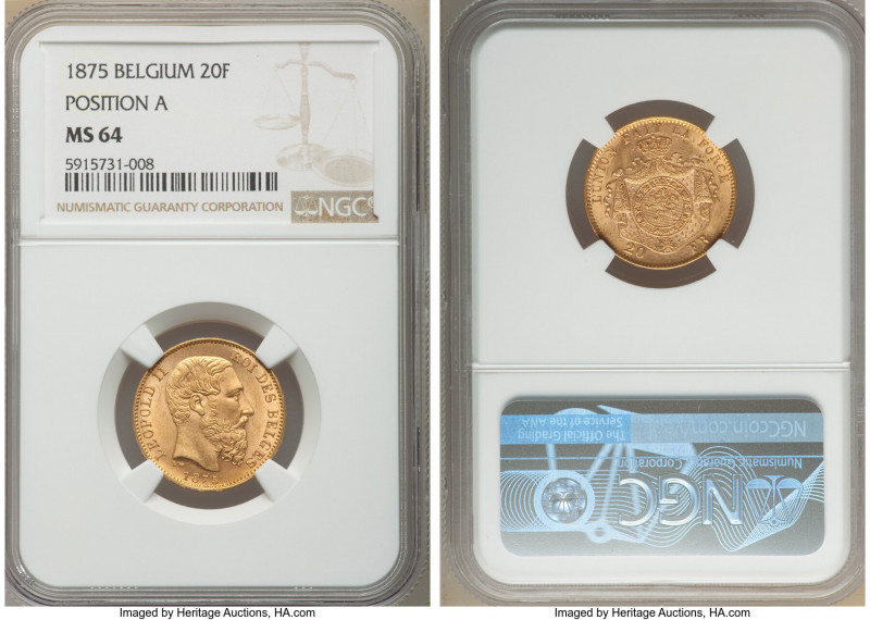 Leopold II gold 20 Francs 1875 MS64 NGC, Brussels mint, KM37. Position A. AGW 0....