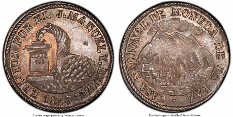 Republic silver "La Paz" Proclamation Medal of 2 Soles 1853 MS64 PCGS, La Paz mi...