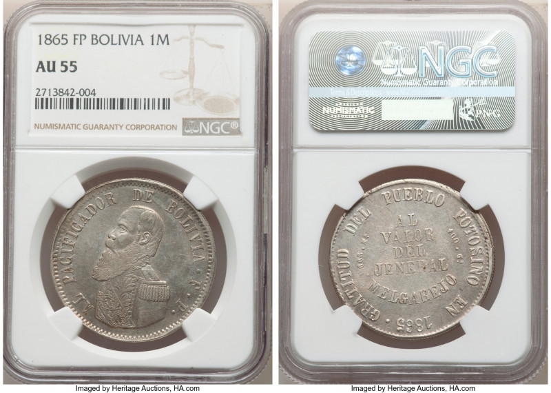 Republic Melgarejo 1865-FP AU55 NGC, Potosi mint, KM146. One year type. 

HID0...