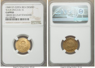 Republic gold Counterstamped Escudo ND (1849-1857) Clipped NGC, San Jose mint, KM84. Type VII round lion counterstamp (XF Standard) on Central America...