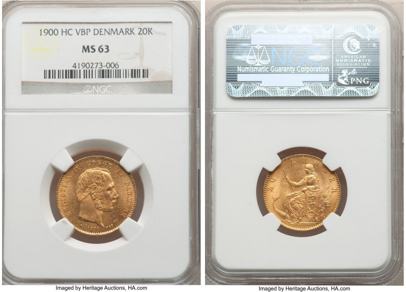 Christian IX gold 20 Kroner 1900 (h)-VBP MS63 NGC, Copenhagen mint, KM791.2. AGW...