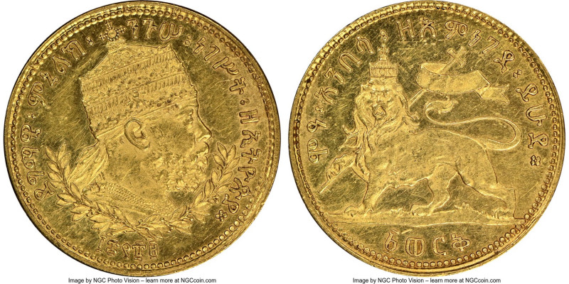 Menelik II gold Werk EE 1889 (1897) MS61 NGC, Paris mint, KM18, Fr-20. Semi-Proo...