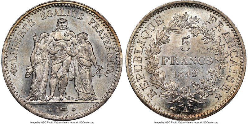 Republic 5 Francs 1849-A MS65 NGC, Paris mint, KM761.1. Herculean group, softly ...