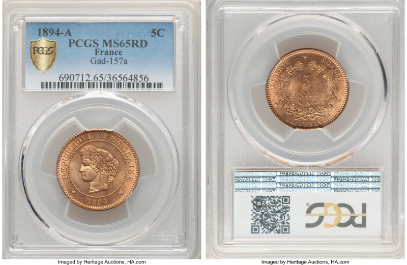 Republic 5 Centimes 1894-A MS65 Red PCGS, Paris mint, KM821.1, Gad-157a. Excepti...