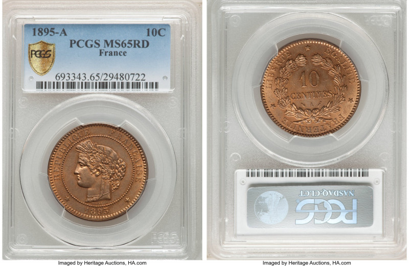 Republic 10 Centimes 1895-A MS65 Red PCGS, Paris mint, KM815.1. Delightful whirl...