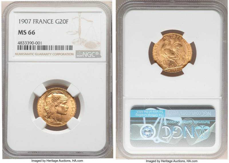 Republic gold 20 Francs 1907 MS66 NGC, Paris mint, KM857. AGW 0.1867 oz. 

HID...