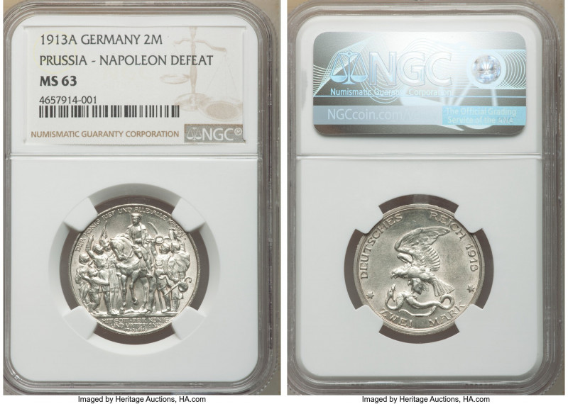 Prussia. Wilhelm II 2 Mark 1913-A MS63 NGC, Berlin mint, KM532.100th Anniversary...