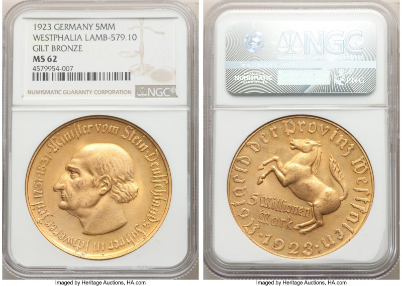 Westphalia gilt-bronze Notgeld 5 Million Mark 1923 MS62 NGC, Lamb-579.10. 

HI...