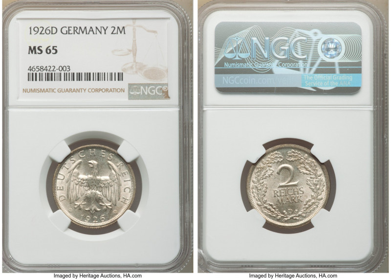 Weimar Republic 2 Mark 1926-D MS65 NGC, Munich mint, KM45.

HID09801242017

...