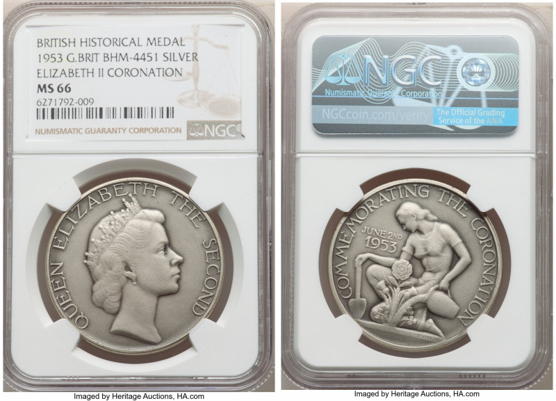 Elizabeth II silver "Coronation" Medal 1953 MS66 NGC, BHM-4451. By P. Vincze. QU...