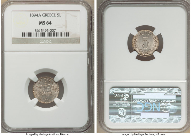 George I 5 Lepta 1894-A MS64 NGC, Paris mint, KM58. Two year type. 

HID098012...