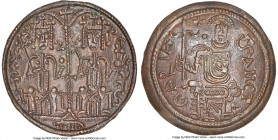 Bela III Rez ND (1172-1196) MS61 NGC, 26mm. King Bela and Stephan each holding scepter and globus cruciger / Nimbate Mary seated with scepter. 

HID...