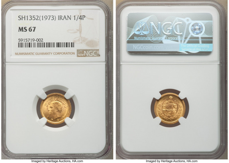 Muhammad Reza Pahlavi gold 1/4 Pahlavi SH 1352 (1973) MS67 NGC, KM1160a. AGW 0.0...