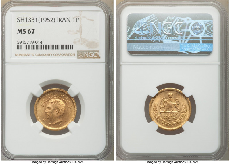 Muhammad Reza Pahlavi gold Pahlavi SH 1331 (1952) MS67 NGC, KM1162. AGW 0.2354 o...