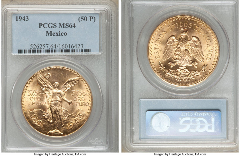 Estados Unidos gold 50 Pesos 1943-Mo MS64 PCGS, Mexico City mint, KM482. AGW 1.2...