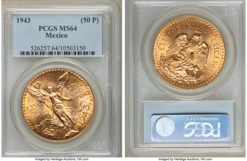 Estados Unidos gold 50 Pesos 1943-Mo MS64 PCGS, Mexico Ctiy mint, KM482. AGW 1.2...