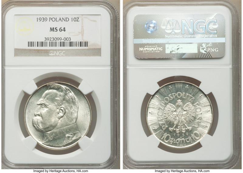 Republic 10 Zlotych 1939-(w) MS64 NGC, Warsaw mint, KM-Y29. Last year of type. W...