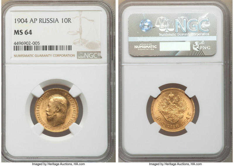 Nicholas II gold 10 Roubles 1904-AP MS64 NGC, St. Petersburg mint, KM-Y64. Rose ...