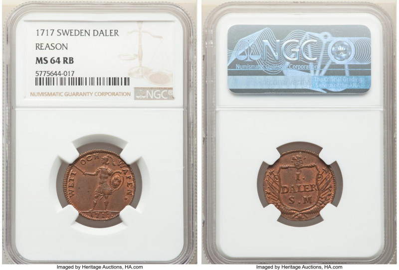 Carl XII Daler 1717-SM MS64 Red and Brown NGC, KM355, AAH-215. Emergency Coinage...