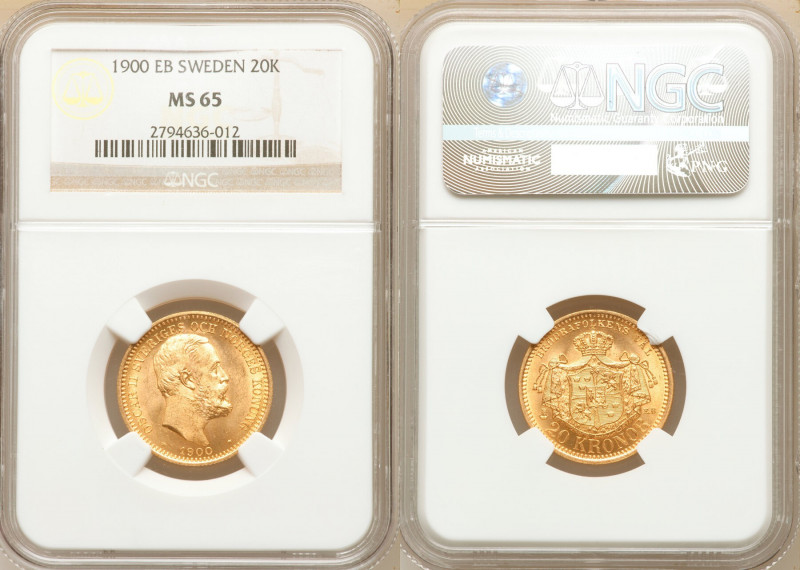 Oscar II gold 20 Kronor 1900-EB MS65 NGC, Stockholm mint, KM765. Satiny mint blo...