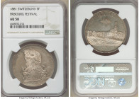 Confederation "Fribourg Shooting Festival" 5 Francs 1881 AU58 NGC, KM-XS15, Richter-403. Golden-brown toning with residual luster. 

HID09801242017...