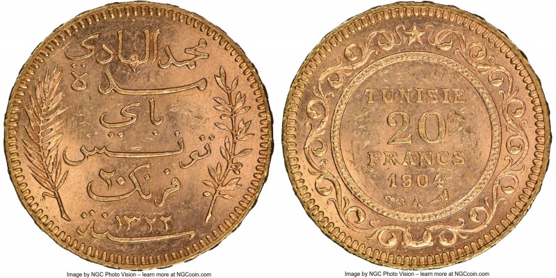 Muhammad al-Hadi Bey gold 20 Francs AH 1322 (1904)-A MS64 NGC, Paris mint, KM234...