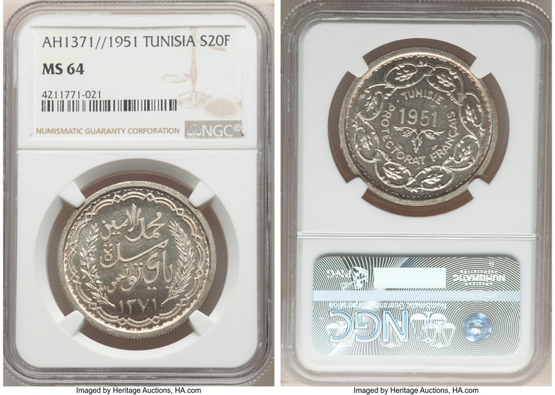 Muhammad al-Amin Bey 20 Francs AH 1371 (1951)-(a) MS64 NGC, Paris mint, KM-X2.
...