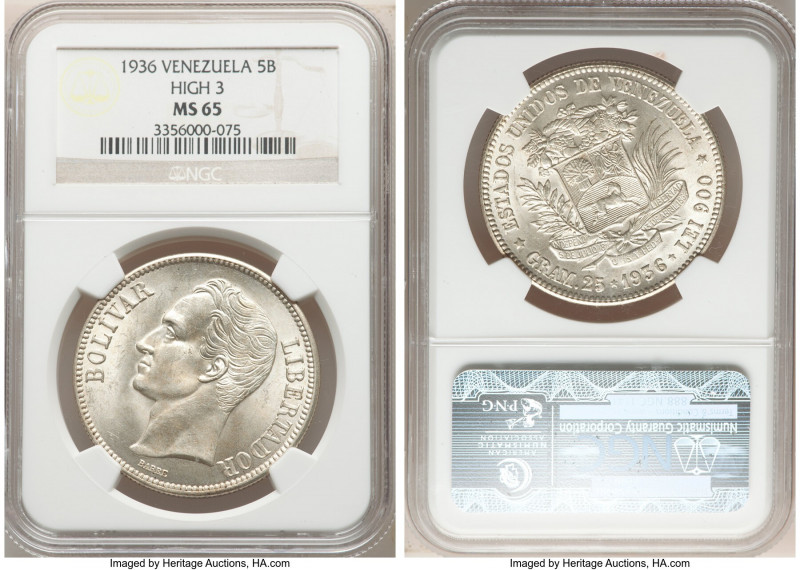Republic 5 Bolivares 1936-(p) MS65 NGC, Philadelphia mint, KM-Y24.2. High "3" va...