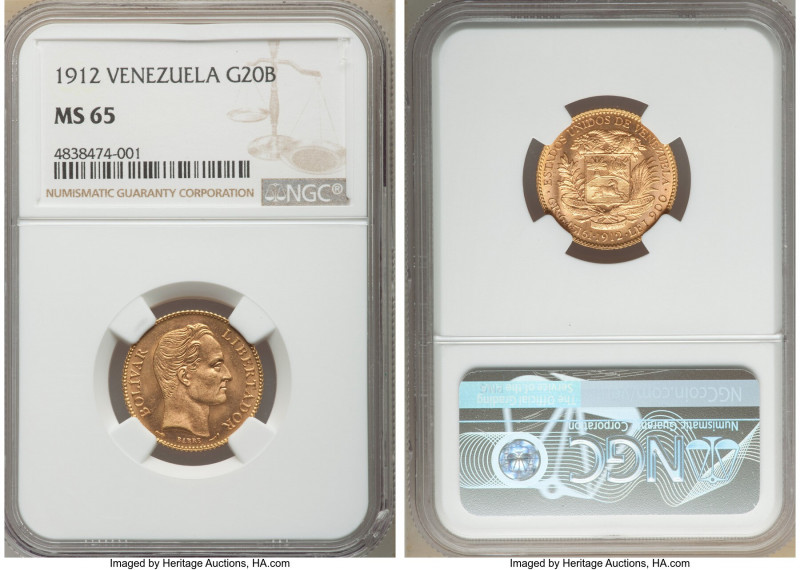 Republic gold 20 Bolivares 1912 MS65 NGC, KM-Y32. Last year of type. AGW 0.1867 ...