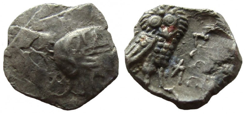 Philistia. Gaza. Circa 353-333 BC. AR Obol.

10 mm.
Obverse: Helmeted head of...