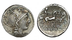 MALLIA. Denario. T. Mallius Mancinus, Appius Claudius Pulcher y Q. Urbinius. Roma. CD-919, SI- 2. 4,00 g. MBC+