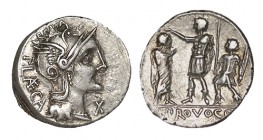 PORCIA. Denario. P. Porcius Laeca. Roma. CD-1201, SI-4. 3,92 g. EBC-