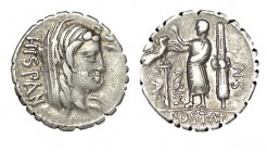 POSTUMIA. Denario. A Postumius A. f. Sp. N. Albinus. Roma (Taller auxiliar). CD-1216, SI-8. Busto de Hispania en anv. 4,05 g. ESCASA. MBC+